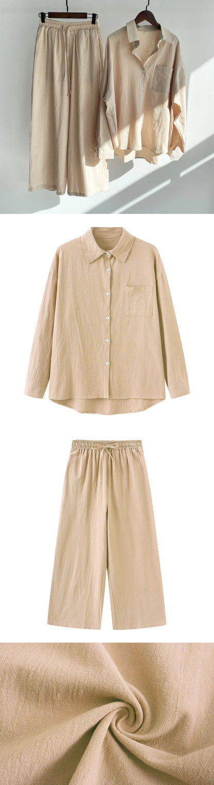 Loose Solid Color Cardigan Shirt Wide Leg Pants Women's 2-piece Set Of Retro Cotton Linen Shirt High Waist Long Pants Set Outfit