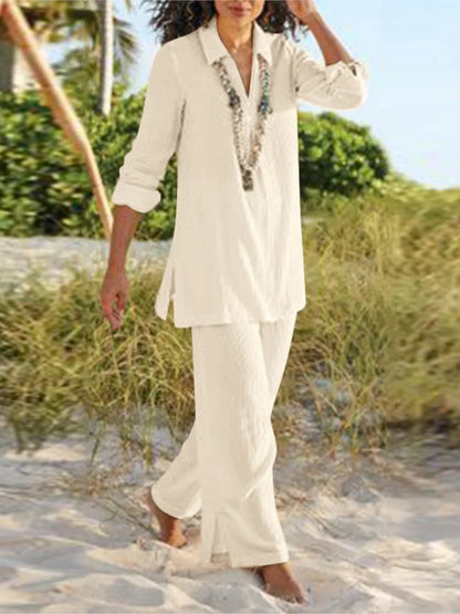 Spring Autumn Plus Size Women's Solid Color Chinese Style Retro Pants Set Cotton Linen Casual Long Sleeved Loose Cotton Set