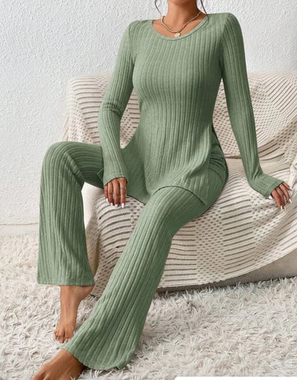 Autumn Winter Women's Clothing New Style Solid Color Sexy Casual Long Sleeved Round Neck Slit Fashion Temperament Two-piece Set