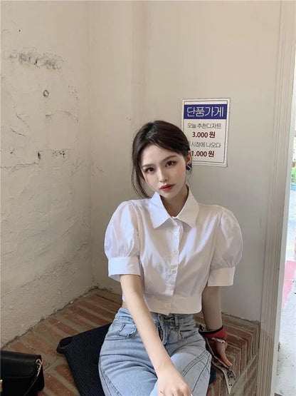 Korean Fashion Women's Shirt Summer Elegant Youth Blouses Clothes Preppy Puff Sleeve White Shirts Cropped Cute Top 2025