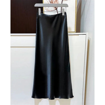 2025 Black Satin Skirt Women High Waist Elegant Long Skirts Street Fashion Summer Midi Skirt Office Slim Sexy Vintage Skirts