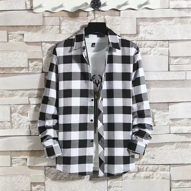 Spring New Korean Style Plaid Shirts Men's Handsome Long-sleeved Loose Casual All-matching Shirt Coats 2025 Trend Men's Clothing