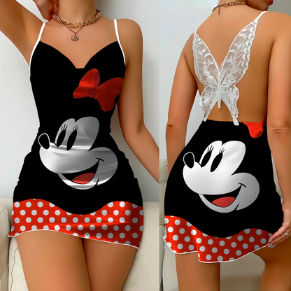 Minnie Mouse Backless Dress Fashion Summer Dresses 2025 Pajama Skirt Bow Knot Mickey Disney Satin Surface Women's Elegant Women