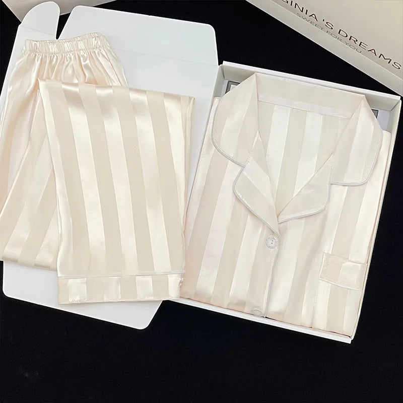 Women's Pajamas Sets Spring Autumn 2 Piece Striped Pajama Faux Silk Satin Sleepwear Long Sleeve Button Pajama Mujer Pjs Home wear