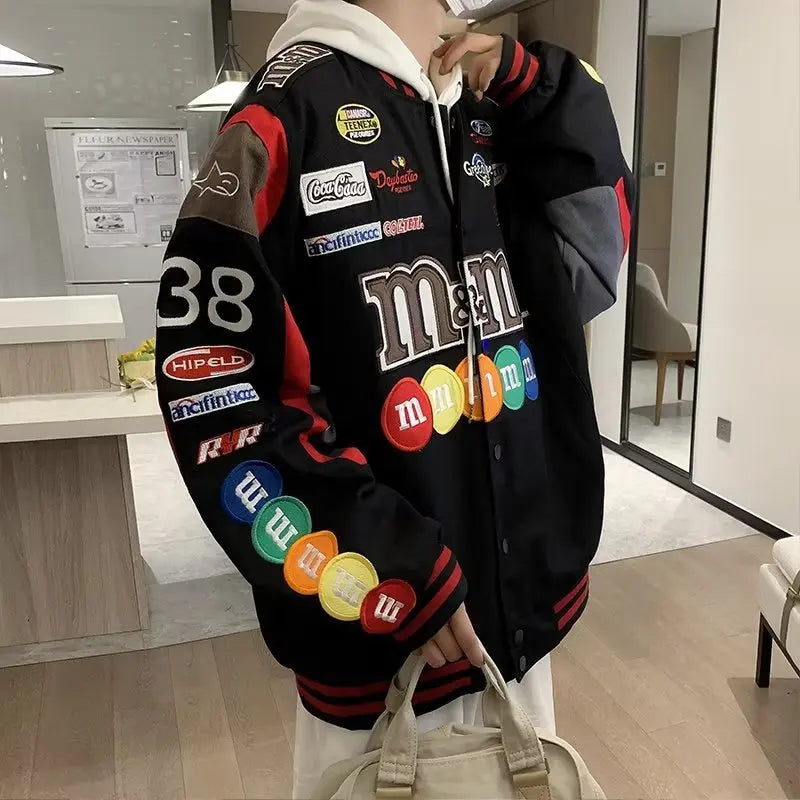 Embroidery M Letter Harajuku Baseball Jacket Coats Men Women Hip Hop Printed Couples Harajuku Patch Varsity Y2K Bomber Jackets