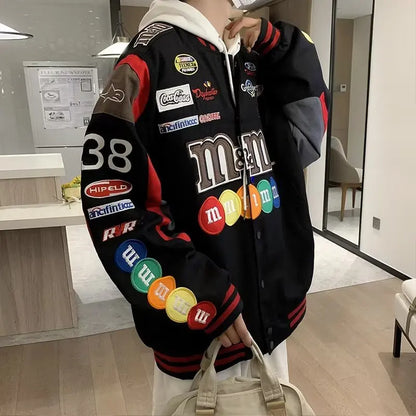 Embroidery M Letter Harajuku Baseball Jacket Coats Men Women Hip Hop Printed Couples Harajuku Patch Varsity Y2K Bomber Jackets