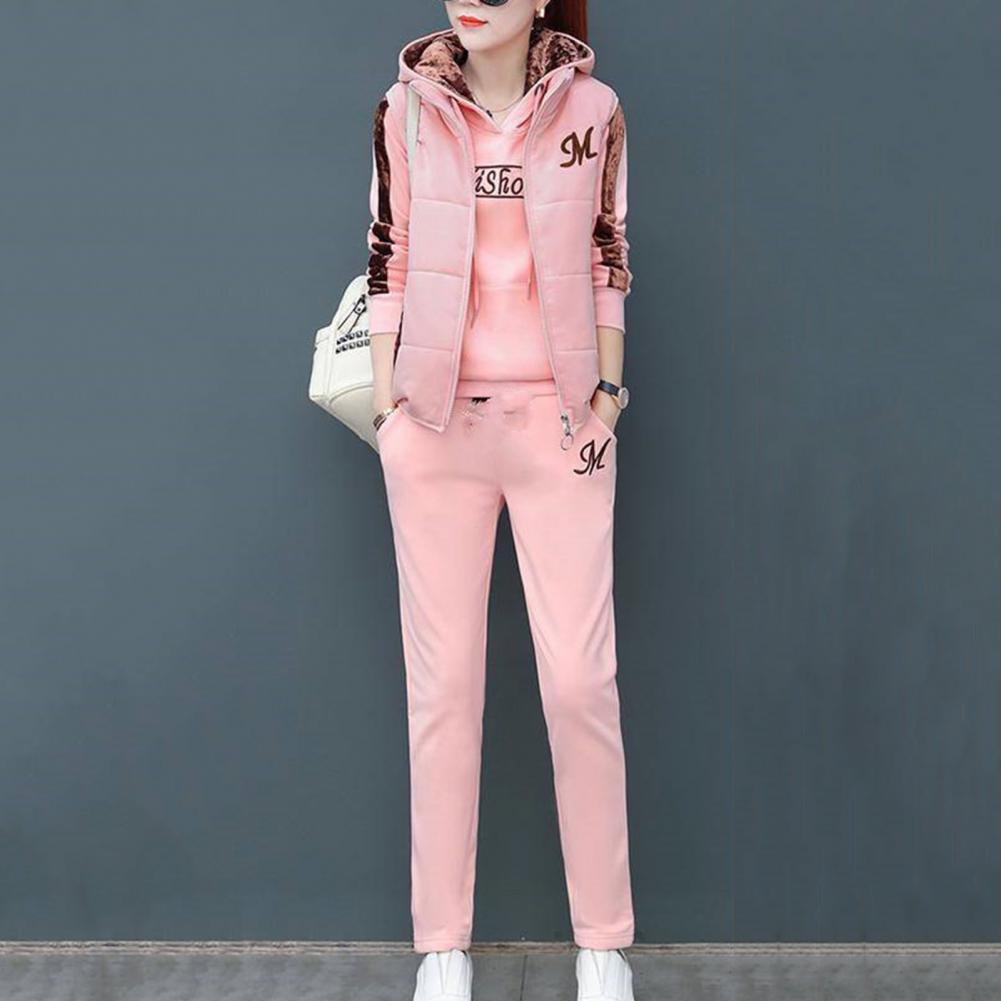 Fashion Warm Three Piece Set Women Outfit 2025 Fall Winter Thicken Tracksuit Casual Waistcoat + Hoodies + Pant Female Sweat Suit