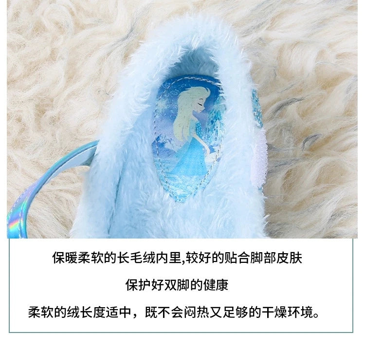 Disney Autumn Fashion Pearl Bow Rhinestone Frozen Elsa Princess Girl Shoes Flat Kids Princess Warm Winter Shoes Size 23-36