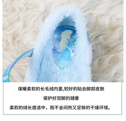 Disney Autumn Fashion Pearl Bow Rhinestone Frozen Elsa Princess Girl Shoes Flat Kids Princess Warm Winter Shoes Size 23-36