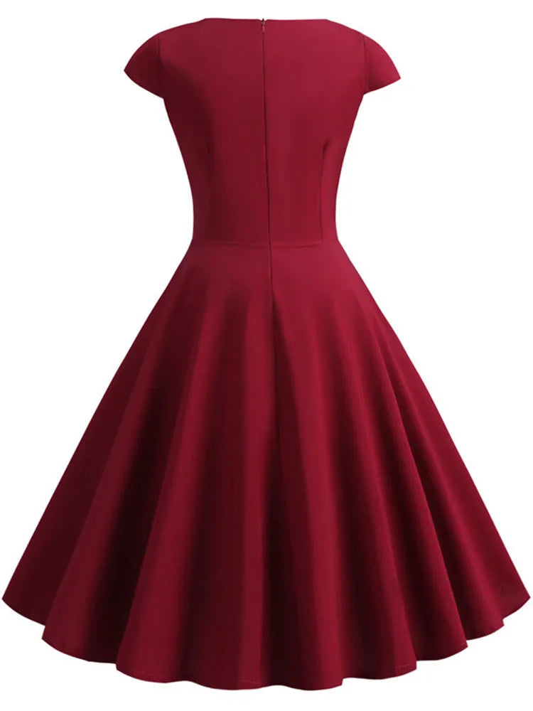 Pink Summer Dress Women V Neck Vintage Robe Elegant Retro pin up Party Office Midi Dresses