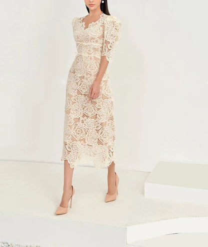 Queen Summer Dresses Korean Retro High Waist Vestidos Elegant Fashion Slim Midi Hollow Out Office Party Casual Lace Dress