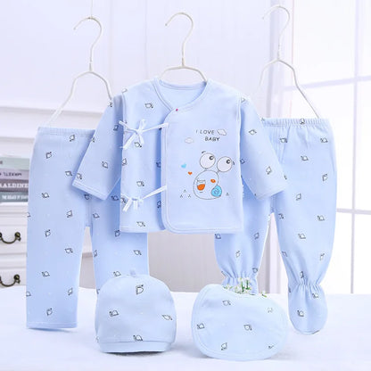 5Piece Sets Spring Baby Girl Boy Clothes Casual Cartoon Cute Print Long Sleeve Cotton Tops+ Pants+ Hat Newborn Hospital Set BC1361