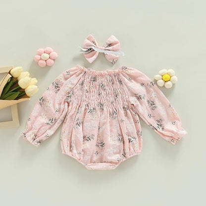 Tregren Infant Baby Girls Valentine's Day Romper Heart Print Long Sleeve Boat Neck Jumpsuits Spring Fall Bodysuits with Headband