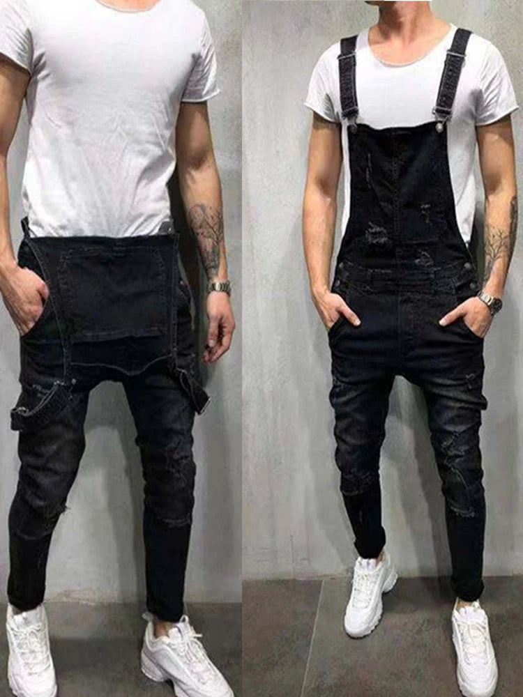 New Fashion Men's Jeans Overalls High Street Ripped Denim Jumpsuits Hip Hop Men Cargo Bib Pants Cowboy Male Jean Dungarees 2025