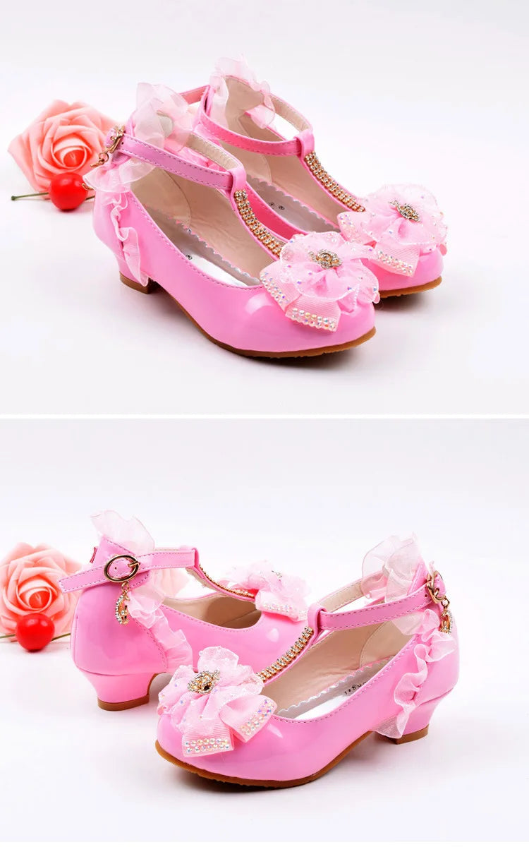 Children's Leather Shoes Girls High Heels White Princess Shoes Spring Autumn Kids Crystal Bow Party Student Performance Shoes