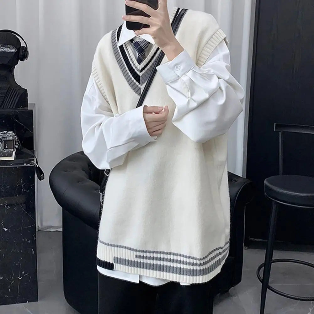 Men Asymmetrical Pattern Sweater Couple Matching Sweaters Color block V Neck Men's Vest Sweater Preppy Business Style for Mid