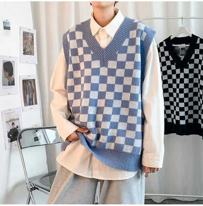 Men Knitted V Neck Japanese Vintage Loose Sleeveless Plaid Vests Chic Pullovers Chaleco Hombre Blue Checkerboard Sweater Vest