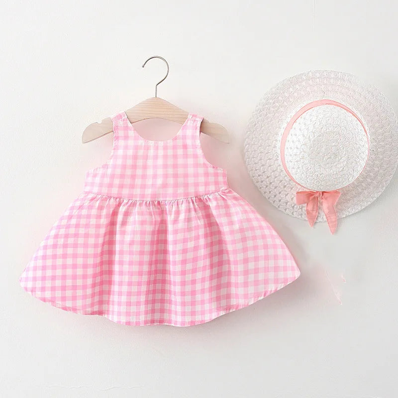 New In Summer Baby Girl Clothes Korean Cute Bow Dot Sleeveless Cotton Princess Dress+ Sunhat Toddler Dresses Sets BC007-1