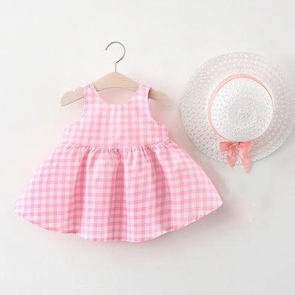 New In Summer Baby Girl Clothes Korean Cute Bow Dot Sleeveless Cotton Princess Dress+ Sunhat Toddler Dresses Sets BC007-1