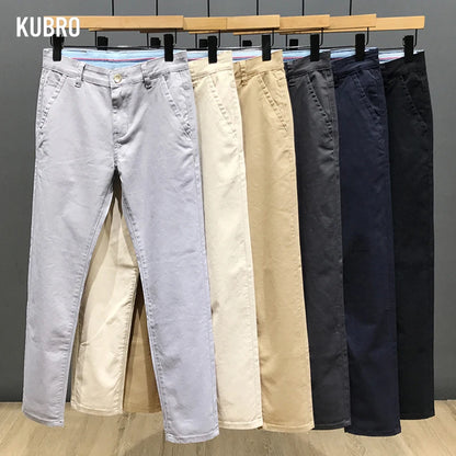KUBRO Korean Style Cotton Soft Elastic Slim Straight Trousers Summer Thin Office Fashion Versatile Men's Business Casual Pants