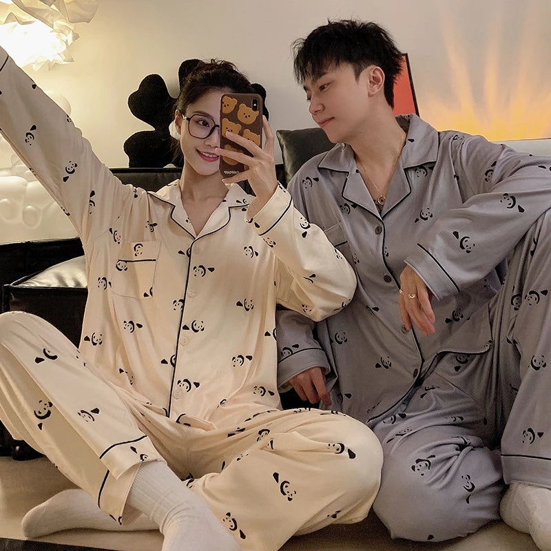 Pajama Women Pajama Man Set Cotton Plus Size Spring Autumn Long-sleeved Korean Cardigan Casual V-neck Nightwear Couple Pyjama
