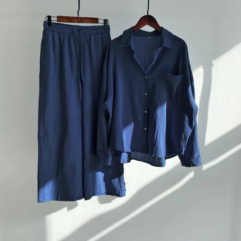 Loose Solid Color Cardigan Shirt Wide Leg Pants Women's 2-piece Set Of Retro Cotton Linen Shirt High Waist Long Pants Set Outfit