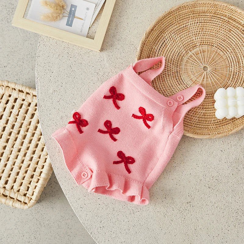 Suefunskry Baby Girl Overalls, Sleeveless Bows Pattern Knit Romper Bodysuit Spring Fall Clothes for Casual Daily
