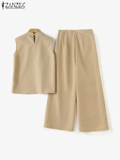 Elegant Chic Women 2-Pieces Sets ZANZEA Woman 2025 Trouser Suits Fashion 2pcs Outfits Tank Top and Wide Leg Pant Suits Oversize