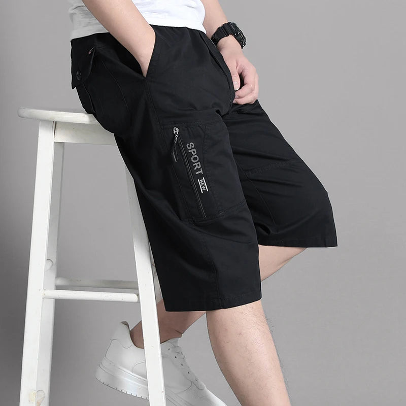 Men's Cargo Shorts Knee Pants Zipper Pocket Summer Cotton Shorts Climbing Jogger Elastic Waist Sports Wear