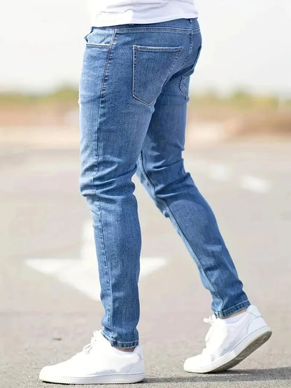 Distressed Men Jeans Denim Holes Skinny Vintage Wash Solid Pencil Pants 2025 Ankle Length Sheath Punk Style Pockets Slim