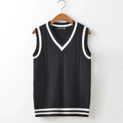 Striped White Knitted Sweaters for Men Blue Sleeveless Man Clothes V Neck Vest Red Waistcoat Jumpers Sweat-shirt Cotton
