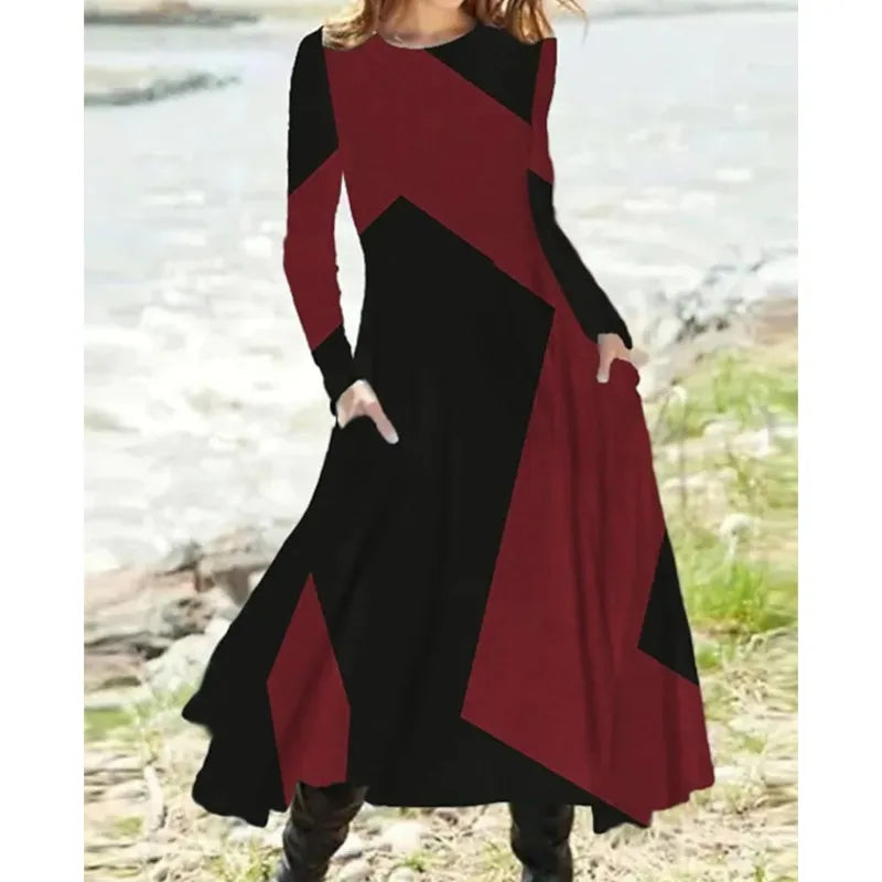 New 2025 Women's Casual Elegant Party Dress Contrast Color Ladies Spring Autumn Loose Long Sleeve Dress with Pockets Midi Dress