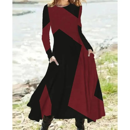 New 2025 Women's Casual Elegant Party Dress Contrast Color Ladies Spring Autumn Loose Long Sleeve Dress with Pockets Midi Dress