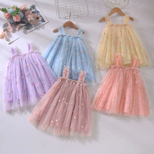 Hot New Baby Girl clothes High Quality Flower Embroidery Halter Mesh Little Girls Dress Cute Baby Dress Sweet Princess Frock