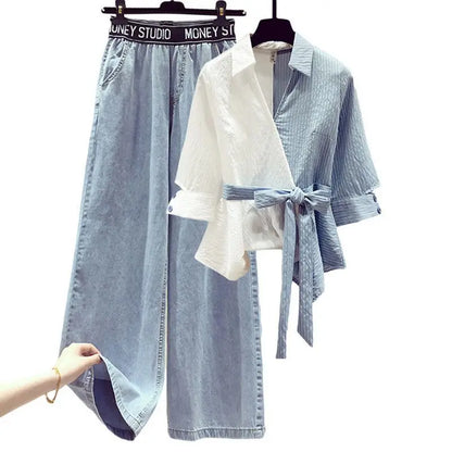 2025 Summer New Stitched Chiffon Shirt Female Set Elegant Women's Jeans Casual Blouse Two Piece Set Ladies Tracksuits