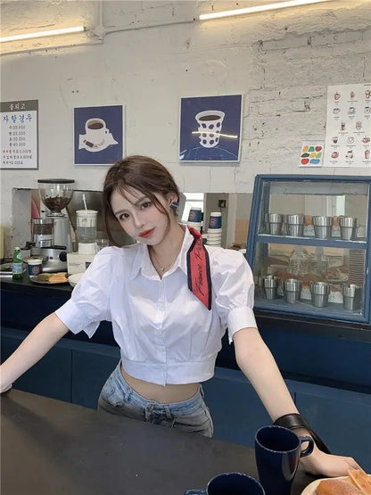 Korean Fashion Women's Shirt Summer Elegant Youth Blouses Clothes Preppy Puff Sleeve White Shirts Cropped Cute Top 2025
