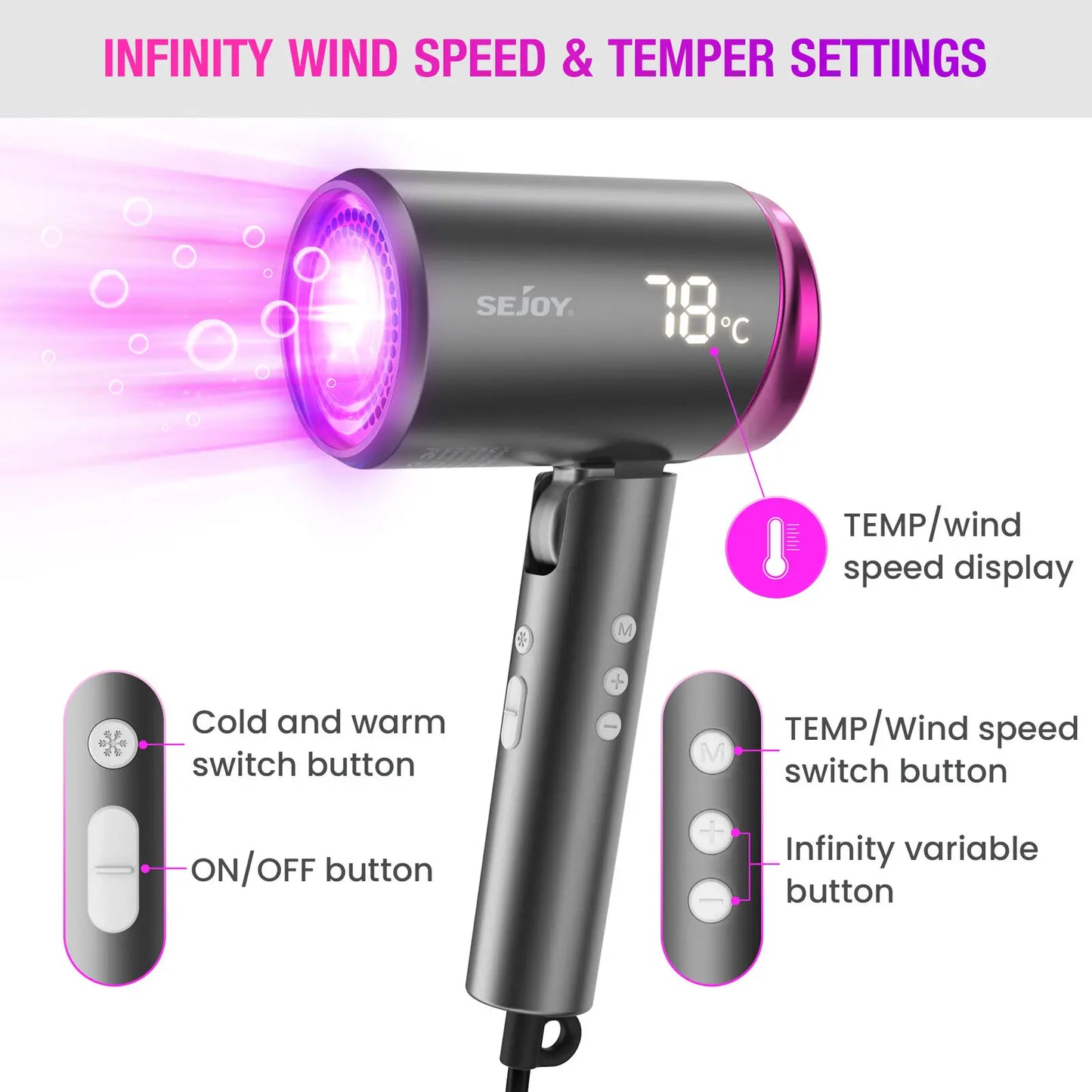 SEJOY Ionic Hair Dryers LED Display Anion Technology Portable Lightweight Blow Dryer Airflow Salon