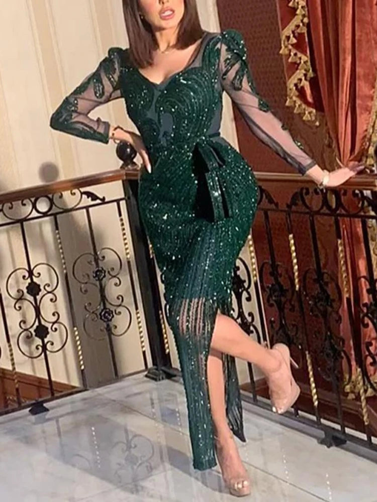 2025 New Fashion V-neck Sparkling Hot Printed Green Long Sleeve Evening Dress Evening Dress for Women  party wedding Vestidos