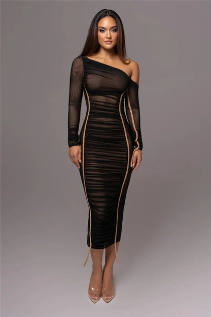 Diagonal Collar Long Sleeve Midi Dress For Women Two Layer Mesh Backless Ruched Bodycon Club Party Sexy Long Dress