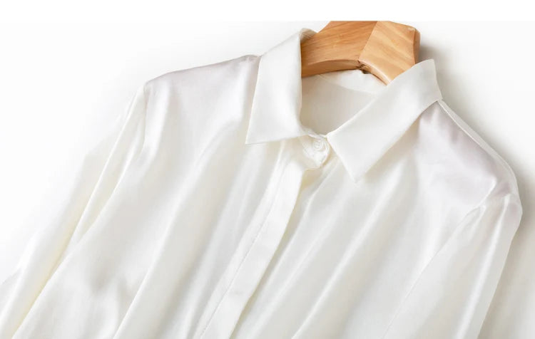 Tajiyane Women's 93% Mulberry Silk 7% Spandex 19 momme satin Silk Buttons long sleeve shirt Top Blouse office work chemise femme