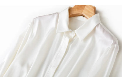 Tajiyane Women's 93% Mulberry Silk 7% Spandex 19 momme satin Silk Buttons long sleeve shirt Top Blouse office work chemise femme