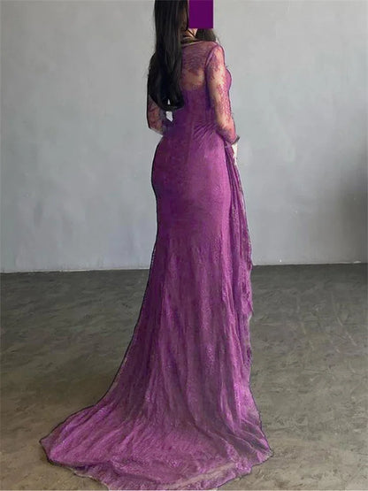 2025 Women's Ruffled Lace Evening Dress Solid Color Square Neck Long Sleeve Skinny Maxi Dress Wrap Hip Party Gowns