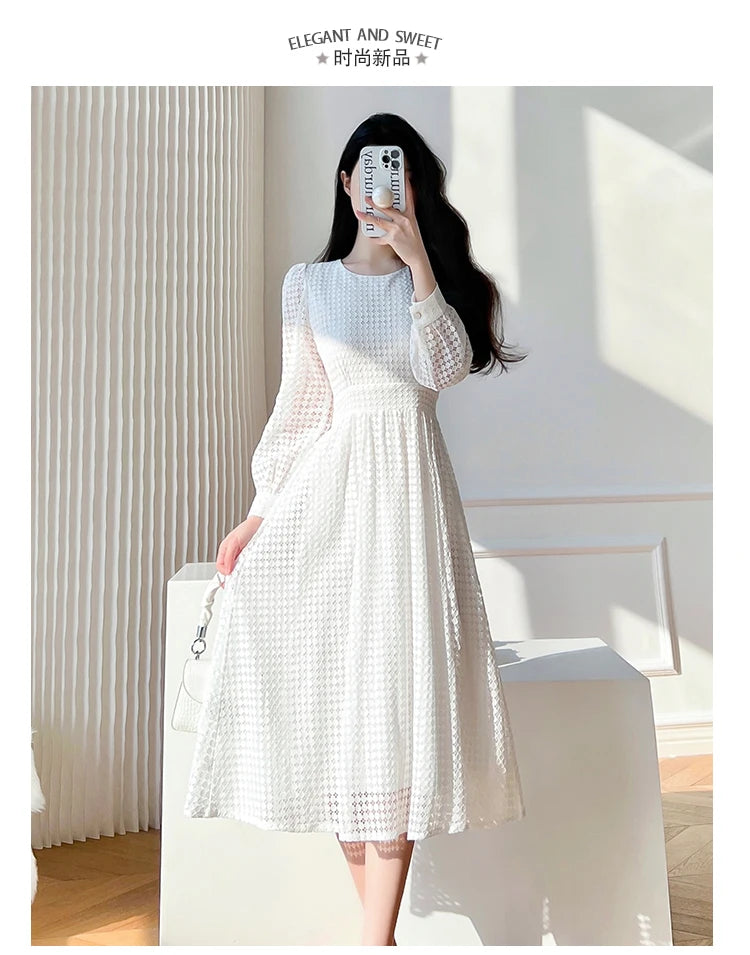Lace Long Sleeves White Midi Dresses for Women 2025 New Autumn French Elegant Fashion Evening Wedding Party Robe Female Clothing