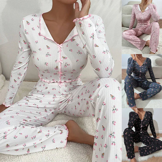 Women Sleepwear Autumn Winter Floral Print Pajamas Set Long Sleeve Top and Long Pants 2 Piece Casual Home wear Loungewear