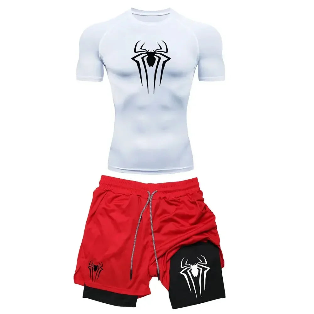 Men's Workout Compression Set Y2K Spider Printed Gym T-shirts Breathable Running Shorts Quick Dry Sports Rash Guard Sportwear Set
