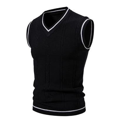 Autumn Winter Men's Knit Vests V-Neck Sleeveless Slim Fit Knitted Pullovers Men Fashion Patchwork Smart Casual Sweater Vest Man