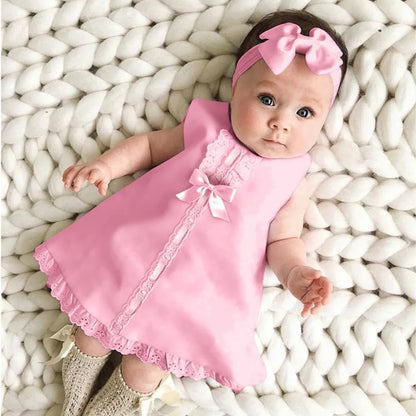 New Maxi Bow Dress+ headband Set Newborn Baby Girl Sleeveless Outfit Bowknot Ruffle Red Clothes Baby Summer Dresses For Girls