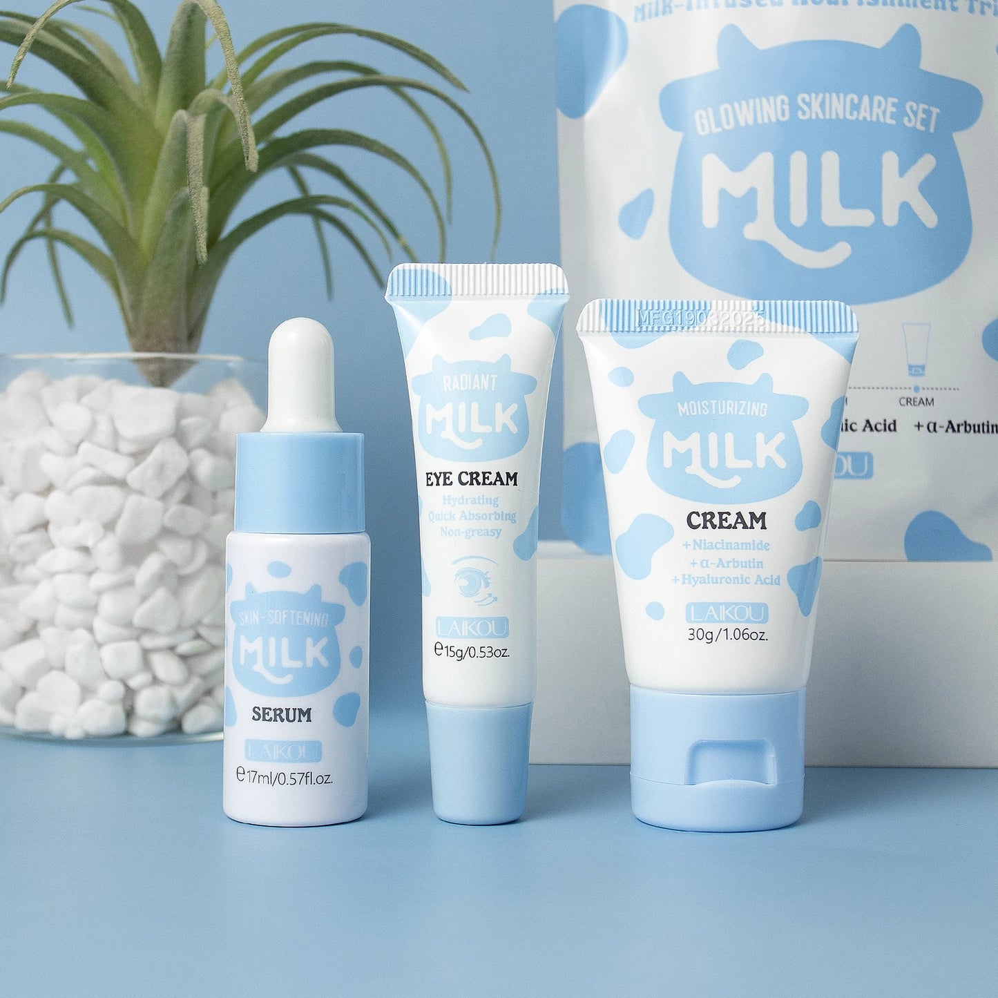 LAIKOU Milk Glowing Trio Set Deep Nourishment Kit Hydrating Skincare Non-Greasy Serum Eye Cream Moisturizer Gift Set