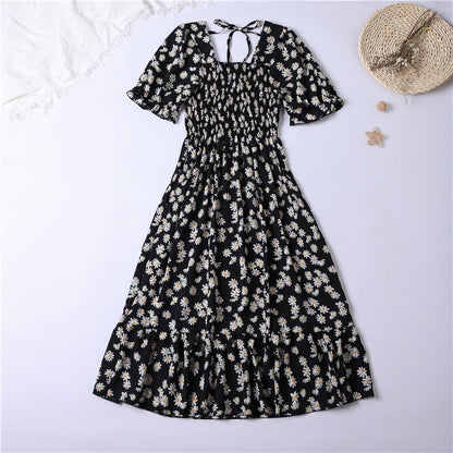 Summer Pleated Women Chiffon Dresses Casual Beach Holiday Short Sleeve Square Collar Woman Midi Dress Bohemian