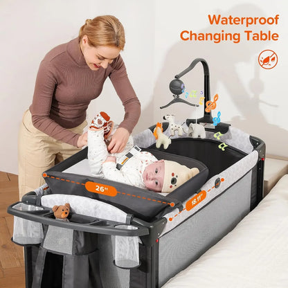 4 in 1 Wide Baby Bassinet Bedside with Diaper Changer, Long Next to Bed Crib with Mattress, Sheet, Music and Blackout Cover, Playpen